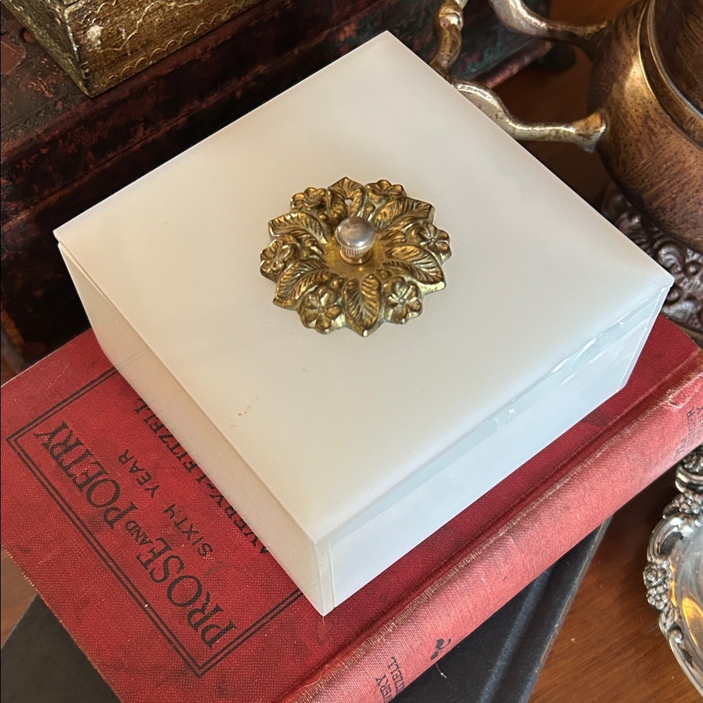 Vintage Lucite Trinket Box with Brass Floral Knob